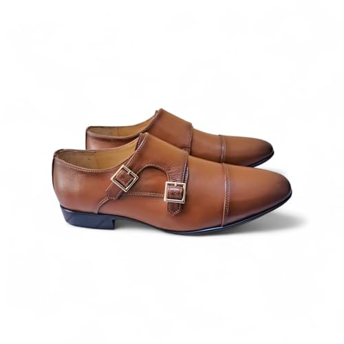 Men's Dual-Tone Brown & Tan Double Monk Strap Formal Shoes | Premium Two-Tone Cap-Toe Slip-On Business Shoes with Anti-Slip Sole