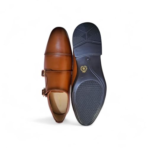 Men's Dual-Tone Brown & Tan Double Monk Strap Formal Shoes | Premium Two-Tone Cap-Toe Slip-On Business Shoes with Anti-Slip Sole