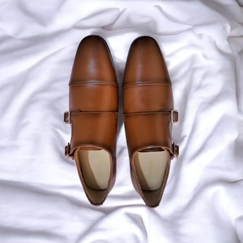 Men's Dual-Tone Brown & Tan Double Monk Strap Formal Shoes | Premium Two-Tone Cap-Toe Slip-On Business Shoes with Anti-Slip Sole