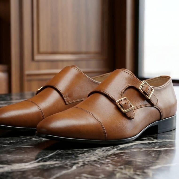 Men's Dual-Tone Brown & Tan Double Monk Strap Formal Shoes | Premium Two-Tone Cap-Toe Slip-On Business Shoes with Anti-Slip Sole