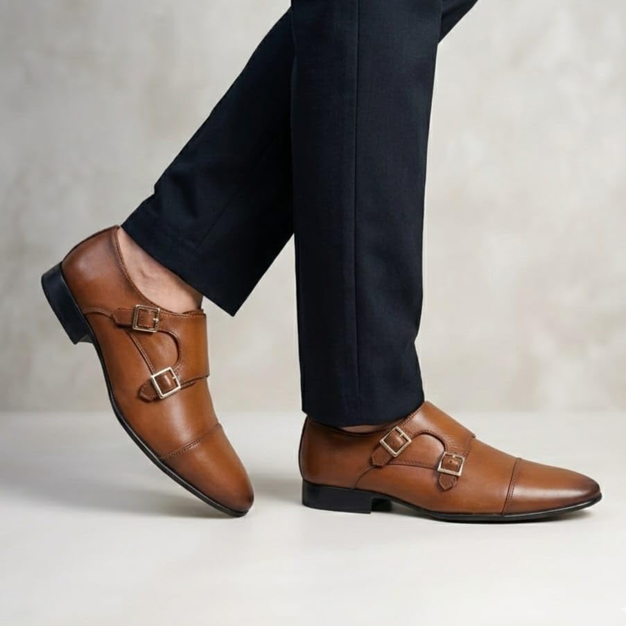 Men's Dual-Tone Brown & Tan Double Monk Strap Formal Shoes | Premium Two-Tone Cap-Toe Slip-On Business Shoes with Anti-Slip Sole