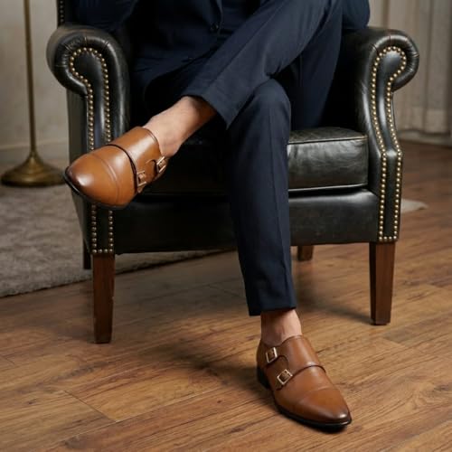 Men's Dual-Tone Brown & Tan Double Monk Strap Formal Shoes | Premium Two-Tone Cap-Toe Slip-On Business Shoes with Anti-Slip Sole