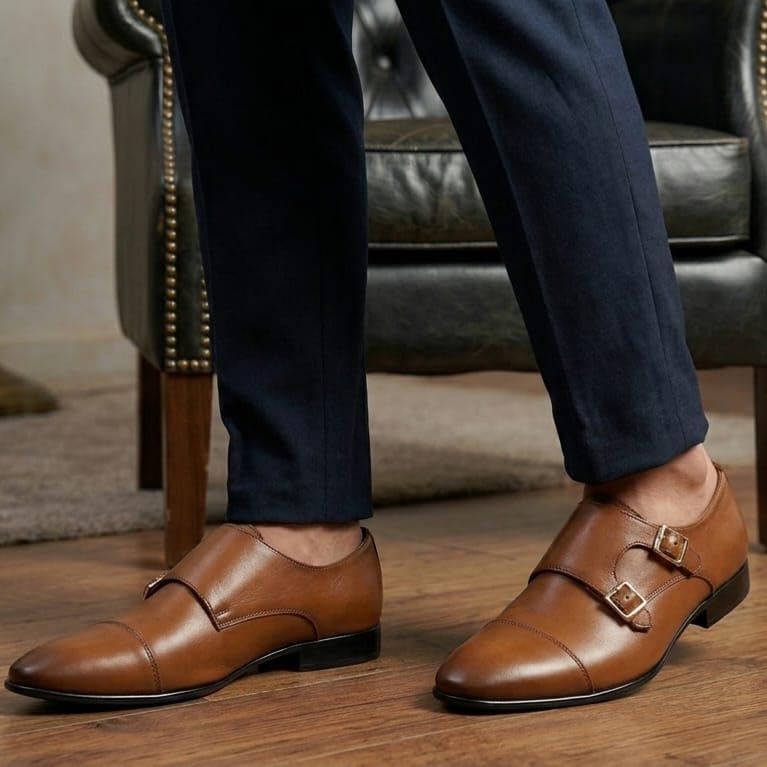 Men's Dual-Tone Brown & Tan Double Monk Strap Formal Shoes | Premium Two-Tone Cap-Toe Slip-On Business Shoes with Anti-Slip Sole