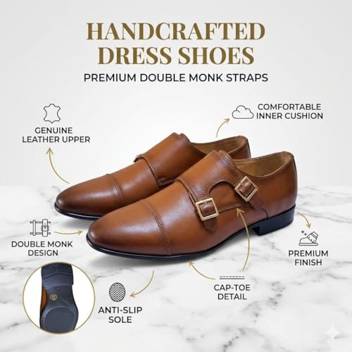 Men's Dual-Tone Brown & Tan Double Monk Strap Formal Shoes | Premium Two-Tone Cap-Toe Slip-On Business Shoes with Anti-Slip Sole