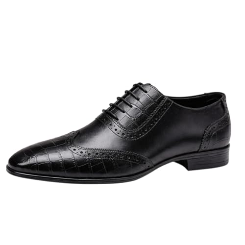 Men's Genuine Leather Wingtip Oxford Shoes - Premium Black Brogue Formal Shoes with Crocodile Texture & Anti-Slip Sole