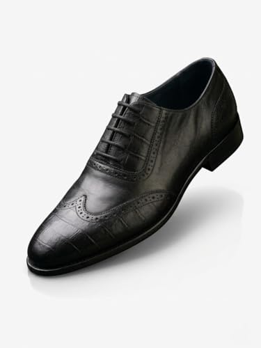 Men's Genuine Leather Wingtip Oxford Shoes - Premium Black Brogue Formal Shoes with Crocodile Texture & Anti-Slip Sole