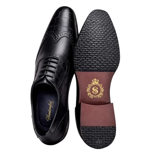 Men's Genuine Leather Wingtip Oxford Shoes - Premium Black Brogue Formal Shoes with Crocodile Texture & Anti-Slip Sole