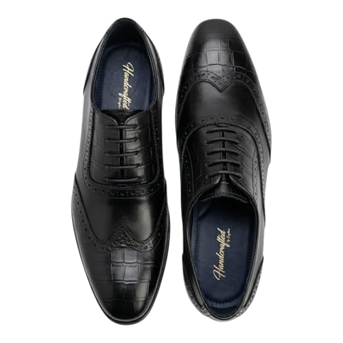 Men's Genuine Leather Wingtip Oxford Shoes - Premium Black Brogue Formal Shoes with Crocodile Texture & Anti-Slip Sole