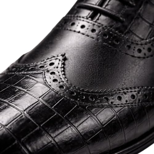 Men's Genuine Leather Wingtip Oxford Shoes - Premium Black Brogue Formal Shoes with Crocodile Texture & Anti-Slip Sole