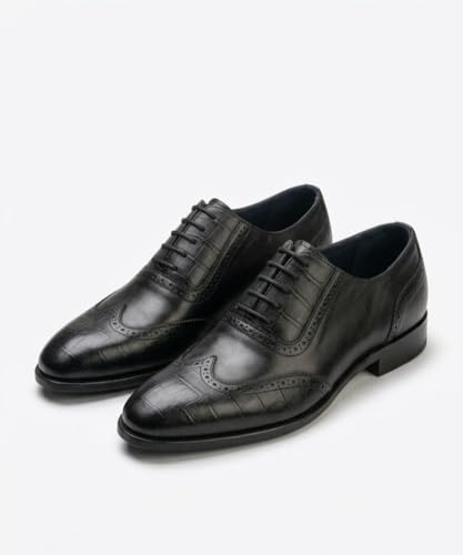 Men's Genuine Leather Wingtip Oxford Shoes - Premium Black Brogue Formal Shoes with Crocodile Texture & Anti-Slip Sole