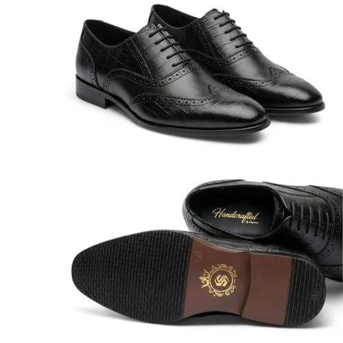 Men's Genuine Leather Wingtip Oxford Shoes - Premium Black Brogue Formal Shoes with Crocodile Texture & Anti-Slip Sole