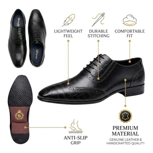 Men's Genuine Leather Wingtip Oxford Shoes - Premium Black Brogue Formal Shoes with Crocodile Texture & Anti-Slip Sole