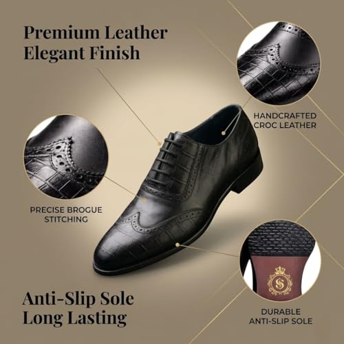 Men's Genuine Leather Wingtip Oxford Shoes - Premium Black Brogue Formal Shoes with Crocodile Texture & Anti-Slip Sole