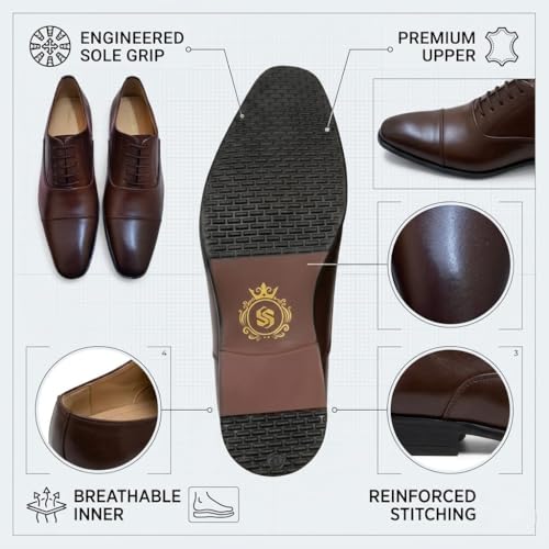 Men's Brown Oxford Cap-Toe Formal Shoes | Premium Lace-Up Business Shoes with Anti-Slip Sole & Cushioned Insole