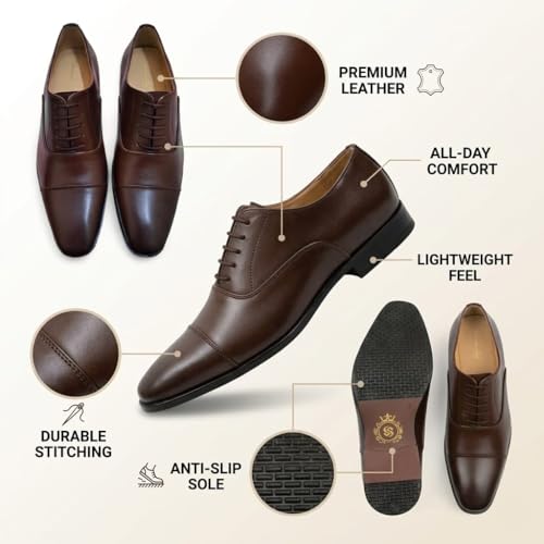 Men's Brown Oxford Cap-Toe Formal Shoes | Premium Lace-Up Business Shoes with Anti-Slip Sole & Cushioned Insole