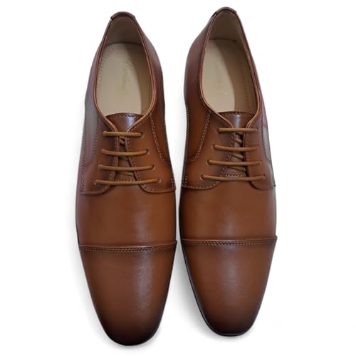 Men's Tan Derby Cap-Toe Formal Shoes | Premium Lace-Up Business Shoes with Anti-Slip Sole & Cushioned Insole