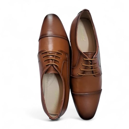 Men's Tan Derby Cap-Toe Formal Shoes | Premium Lace-Up Business Shoes with Anti-Slip Sole & Cushioned Insole