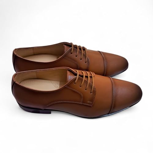 Men's Tan Derby Cap-Toe Formal Shoes | Premium Lace-Up Business Shoes with Anti-Slip Sole & Cushioned Insole