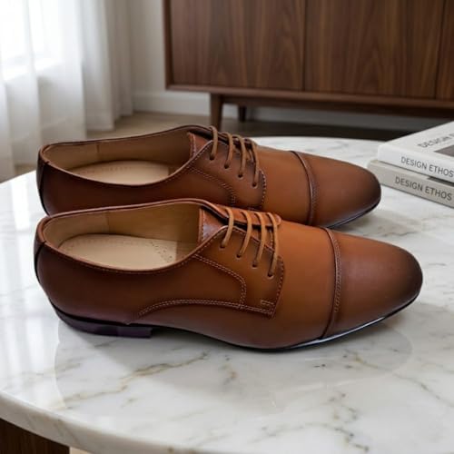 Men's Tan Derby Cap-Toe Formal Shoes | Premium Lace-Up Business Shoes with Anti-Slip Sole & Cushioned Insole