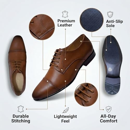 Men's Tan Derby Cap-Toe Formal Shoes | Premium Lace-Up Business Shoes with Anti-Slip Sole & Cushioned Insole