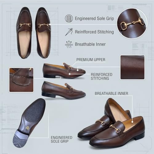 Men’s Coffee Brown Leather Bit Loafers | Premium Formal Slip-On Shoes with Anti-Slip Sole & Breathable Inner Lining