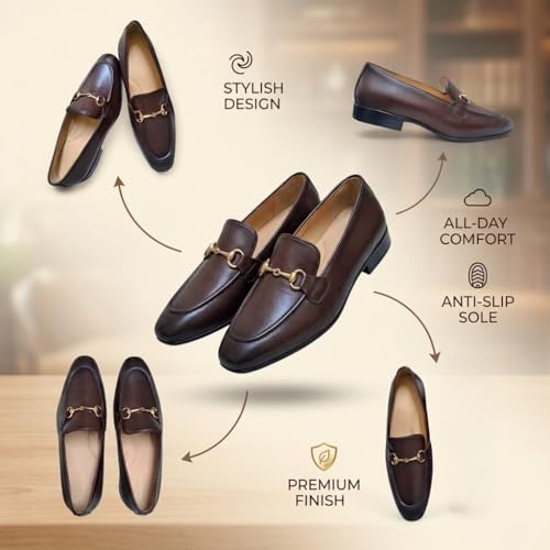 Men’s Coffee Brown Leather Bit Loafers | Premium Formal Slip-On Shoes with Anti-Slip Sole & Breathable Inner Lining