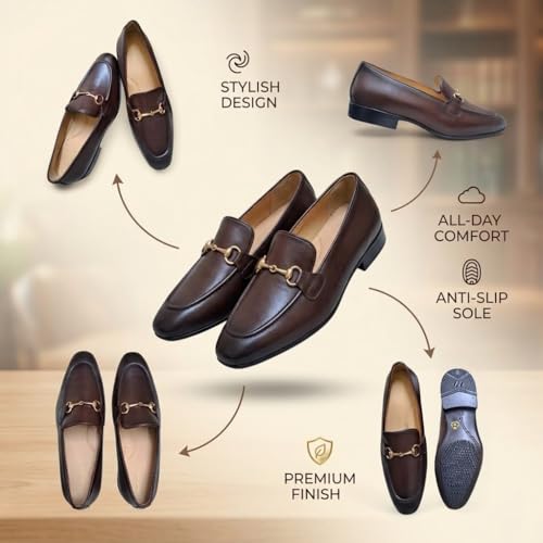 Men’s Coffee Brown Leather Bit Loafers | Premium Formal Slip-On Shoes with Anti-Slip Sole & Breathable Inner Lining
