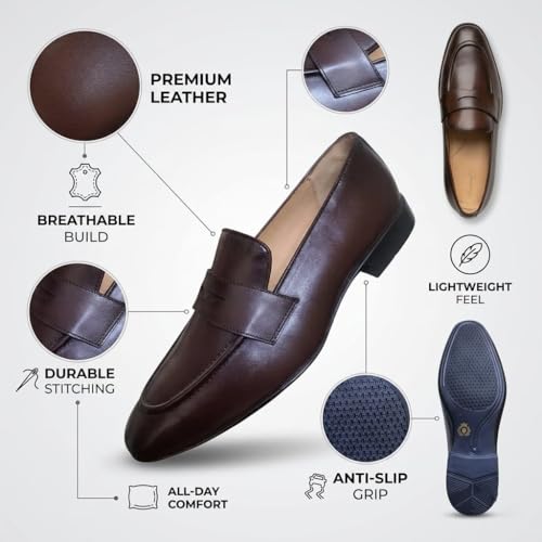 Men's Coffee Brown Penny Loafers | Premium Formal Slip-On Business Shoes with Anti-Slip Grip & Cushioned Insole