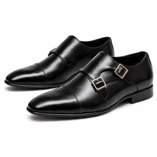 Men's Black Double Monk Strap Formal Shoes | Elegant Cap-Toe Slip-On Business Shoes with Gold-Tone Buckles