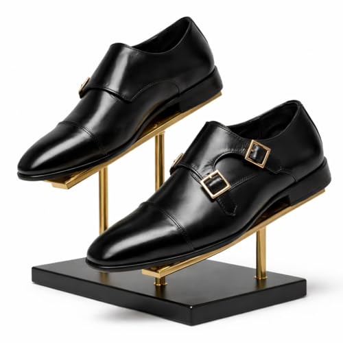 Men's Black Double Monk Strap Formal Shoes | Elegant Cap-Toe Slip-On Business Shoes with Gold-Tone Buckles