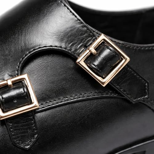Men's Black Double Monk Strap Formal Shoes | Elegant Cap-Toe Slip-On Business Shoes with Gold-Tone Buckles