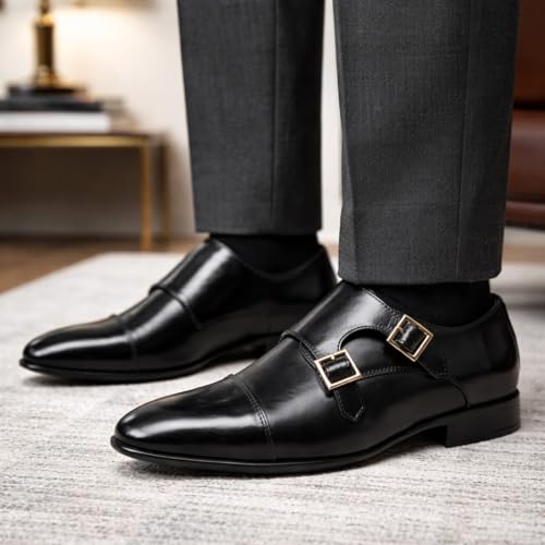 Men's Black Double Monk Strap Formal Shoes | Elegant Cap-Toe Slip-On Business Shoes with Gold-Tone Buckles
