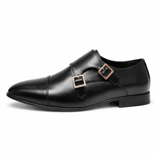 Men's Black Double Monk Strap Formal Shoes | Elegant Cap-Toe Slip-On Business Shoes with Gold-Tone Buckles