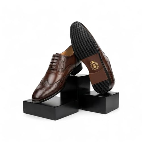 Men's Genuine Leather Wingtip Oxford Shoes - Premium Brown-TAN Brogue Formal Shoes with Crocodile Texture & Anti-Slip Sole