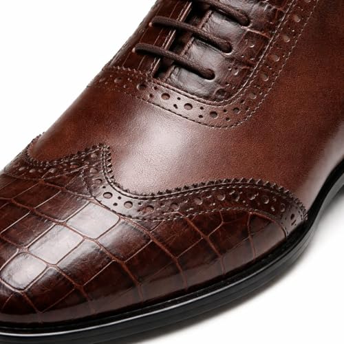 Men's Genuine Leather Wingtip Oxford Shoes - Premium Brown-TAN Brogue Formal Shoes with Crocodile Texture & Anti-Slip Sole