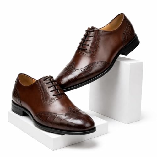 Men's Genuine Leather Wingtip Oxford Shoes - Premium Brown-TAN Brogue Formal Shoes with Crocodile Texture & Anti-Slip Sole