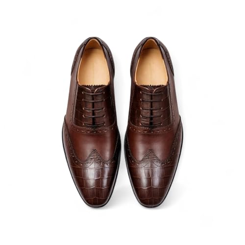 Men's Genuine Leather Wingtip Oxford Shoes - Premium Brown-TAN Brogue Formal Shoes with Crocodile Texture & Anti-Slip Sole