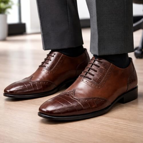 Men's Genuine Leather Wingtip Oxford Shoes - Premium Brown-TAN Brogue Formal Shoes with Crocodile Texture & Anti-Slip Sole