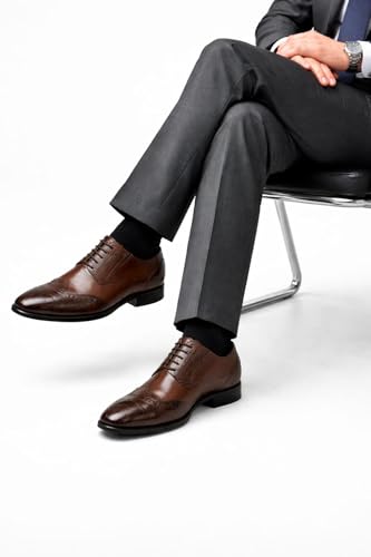 Men's Genuine Leather Wingtip Oxford Shoes - Premium Brown-TAN Brogue Formal Shoes with Crocodile Texture & Anti-Slip Sole