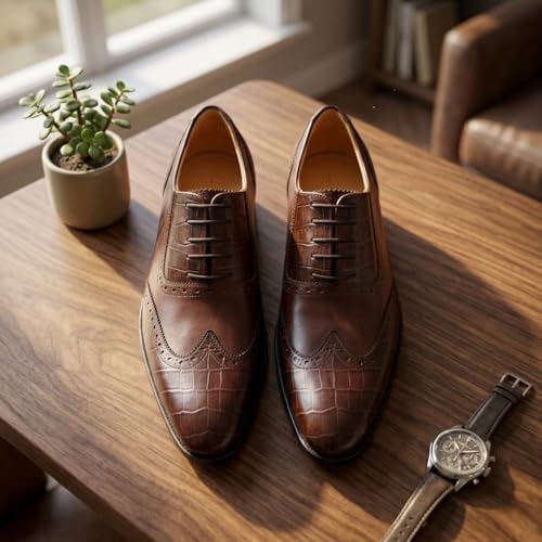 Men's Genuine Leather Wingtip Oxford Shoes - Premium Brown-TAN Brogue Formal Shoes with Crocodile Texture & Anti-Slip Sole