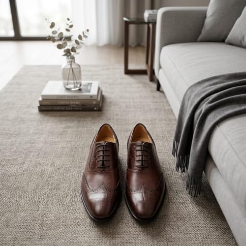 Men's Genuine Leather Wingtip Oxford Shoes - Premium Brown-TAN Brogue Formal Shoes with Crocodile Texture & Anti-Slip Sole