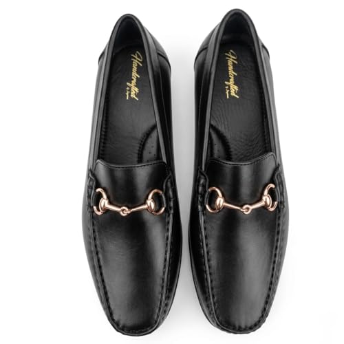 Men's Genuine Black Leather Horsebit Loafers | Premium Slip-On Formal Driving Shoes with Gold Metal Buckle & Anti-Skid Rubber Sole