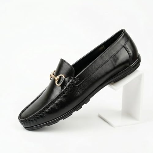 Men's Genuine Black Leather Horsebit Loafers | Premium Slip-On Formal Driving Shoes with Gold Metal Buckle & Anti-Skid Rubber Sole