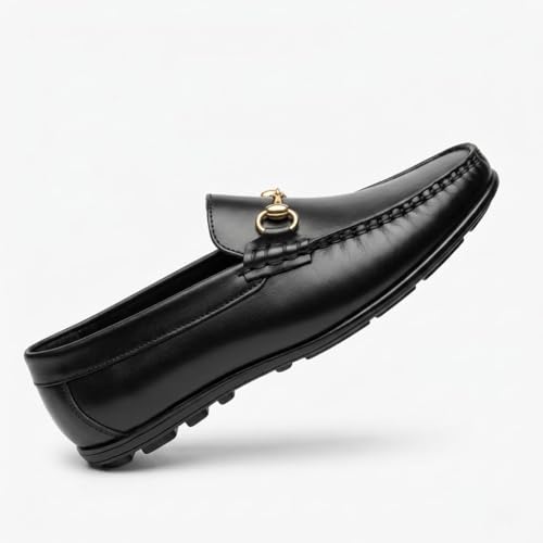 Men's Genuine Black Leather Horsebit Loafers | Premium Slip-On Formal Driving Shoes with Gold Metal Buckle & Anti-Skid Rubber Sole