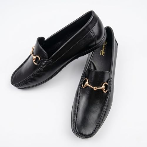 Men's Genuine Black Leather Horsebit Loafers | Premium Slip-On Formal Driving Shoes with Gold Metal Buckle & Anti-Skid Rubber Sole