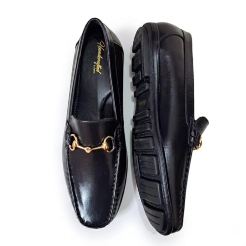 Men's Genuine Black Leather Horsebit Loafers | Premium Slip-On Formal Driving Shoes with Gold Metal Buckle & Anti-Skid Rubber Sole