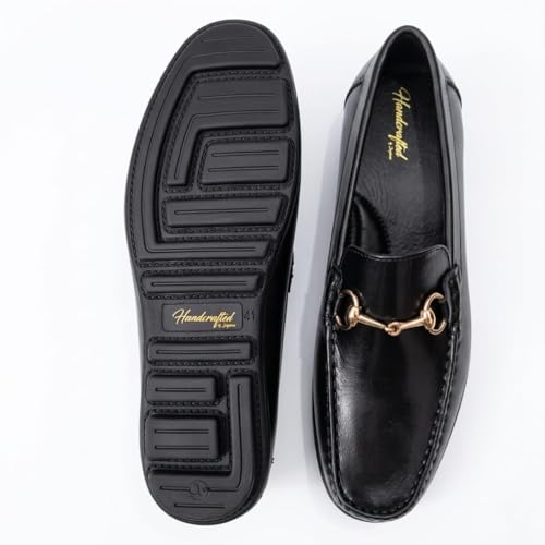 Men's Genuine Black Leather Horsebit Loafers | Premium Slip-On Formal Driving Shoes with Gold Metal Buckle & Anti-Skid Rubber Sole