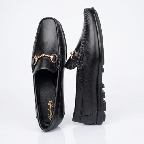 Men's Genuine Black Leather Horsebit Loafers | Premium Slip-On Formal Driving Shoes with Gold Metal Buckle & Anti-Skid Rubber Sole