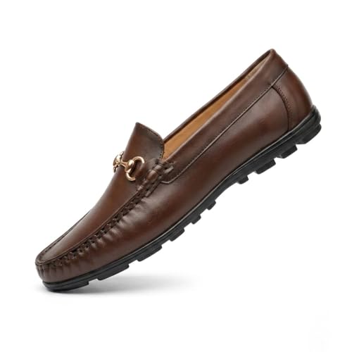 Men's Premium Leather Loafers - Classic Horsebit Driving Shoes, Comfortable Handcrafted Moc Toe Slip-On Casual Pennys with Anti-Slip Grip Sole (TAN)