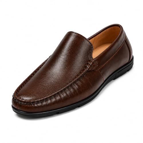 Men's Premium Genuine Leather Loafers | Elegant Slip-On Formal & Casual Driving Shoes with Cushioned Comfort and Anti-Slip TPR Sole (TAN)
